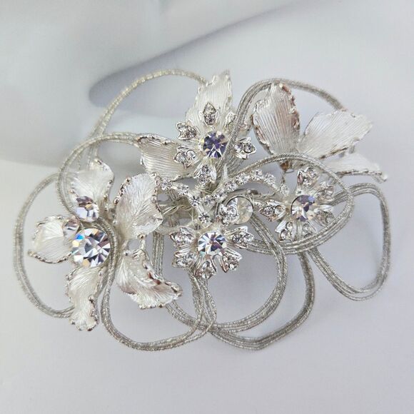 Vintage Style Silver Tone Floral Hair Clip Wire Wrapped Crystal Bridal Vine Prom